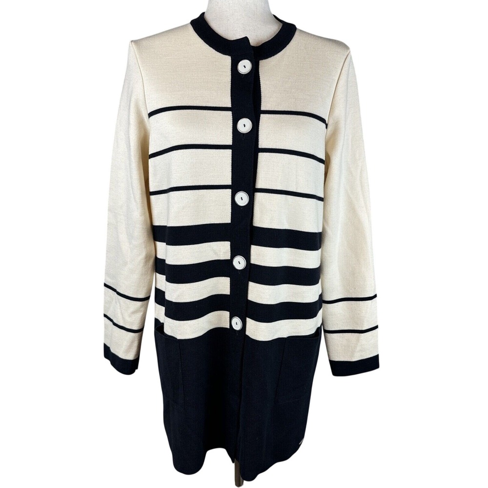 Saint James Womens Long Button Up Cardigan Size 8 Navy Ivory Stripe Wool Pockets